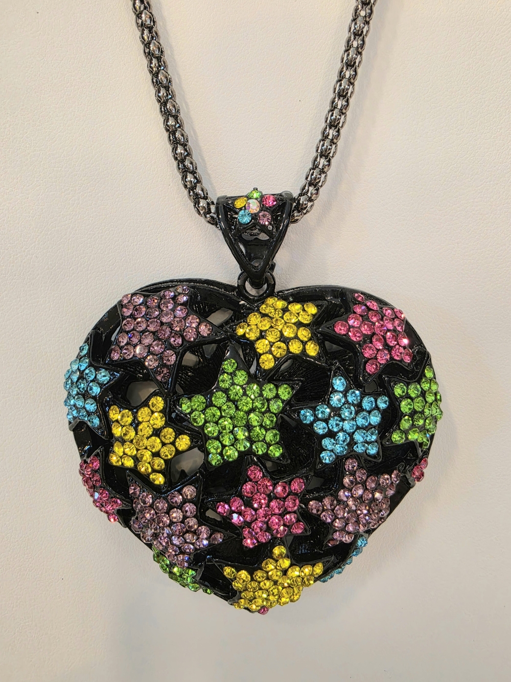 Neon Rhinestone Star Puffy Heart Pendant Necklace Black Gunmetal Chain Size 29"